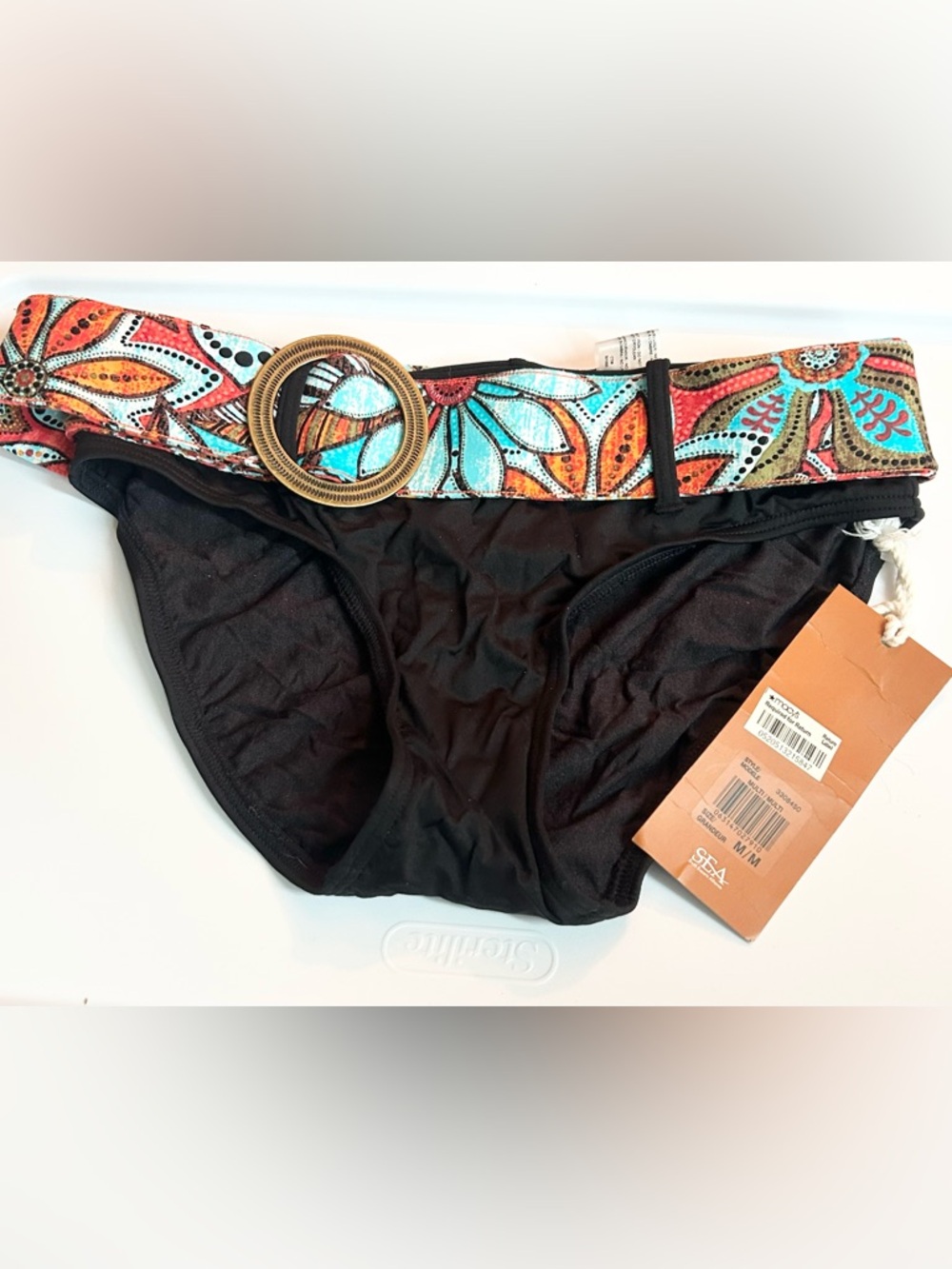 Captiva Black Bikini Bottom with Colorful Floral Belt and Gold Buckle Medium